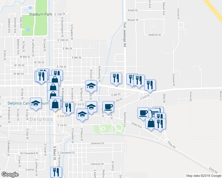map of restaurants, bars, coffee shops, grocery stores, and more near 705 East 5th Street in Delphos