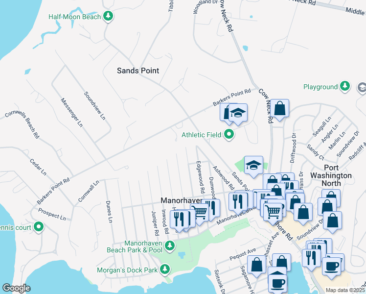 map of restaurants, bars, coffee shops, grocery stores, and more near 94 Firwood Road in Port Washington