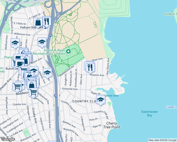 map of restaurants, bars, coffee shops, grocery stores, and more near 3233 Ampere Avenue in Bronx