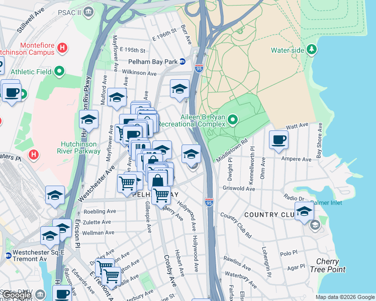 map of restaurants, bars, coffee shops, grocery stores, and more near 3439 Bruckner Boulevard in Bronx