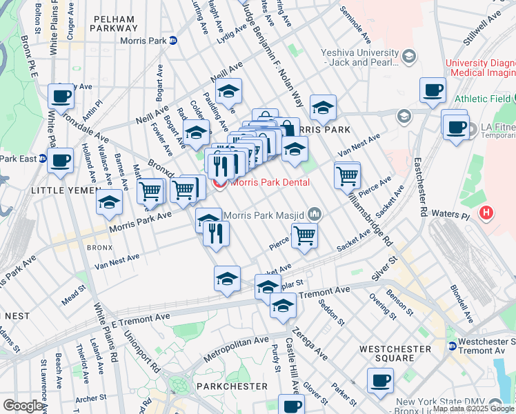 map of restaurants, bars, coffee shops, grocery stores, and more near 994 Van Nest Avenue in The Bronx