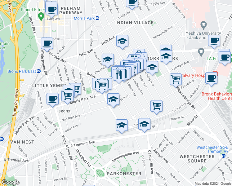 map of restaurants, bars, coffee shops, grocery stores, and more near 1708 Bogart Avenue in Bronx