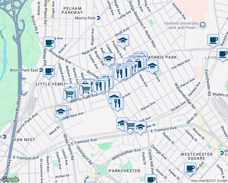 map of restaurants, bars, coffee shops, grocery stores, and more near 1727 Fowler Avenue in The Bronx