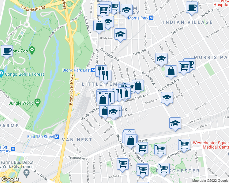 map of restaurants, bars, coffee shops, grocery stores, and more near 1841 Hunt Avenue in The Bronx