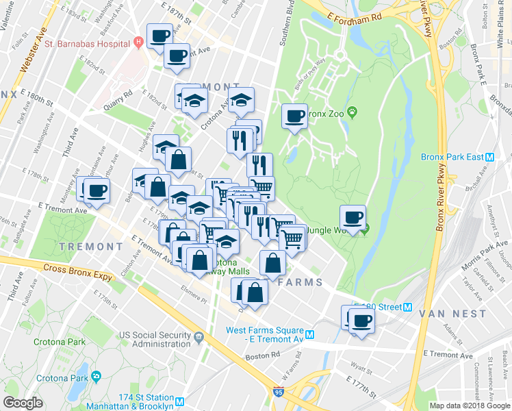 map of restaurants, bars, coffee shops, grocery stores, and more near 2132 Mohegan Avenue in Bronx