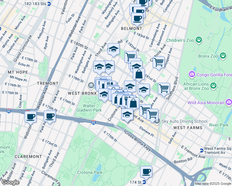 map of restaurants, bars, coffee shops, grocery stores, and more near 1980 Hughes Avenue in Bronx