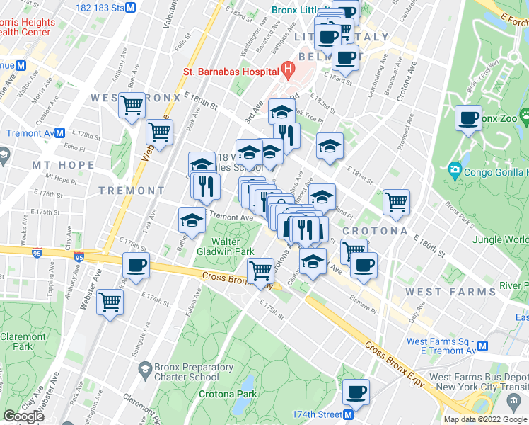 map of restaurants, bars, coffee shops, grocery stores, and more near in The Bronx