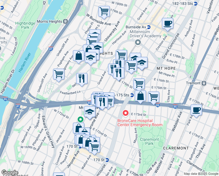 map of restaurants, bars, coffee shops, grocery stores, and more near 1678 Davidson Avenue in The Bronx