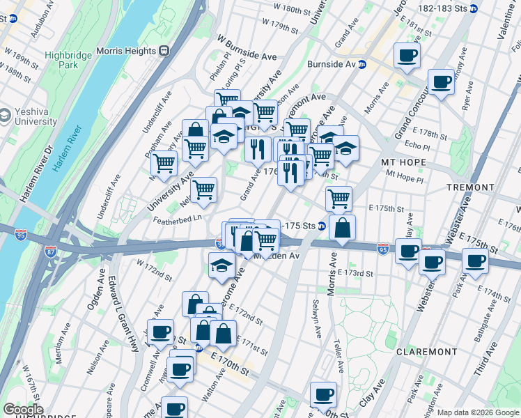 map of restaurants, bars, coffee shops, grocery stores, and more near 1678 Davidson Avenue in The Bronx