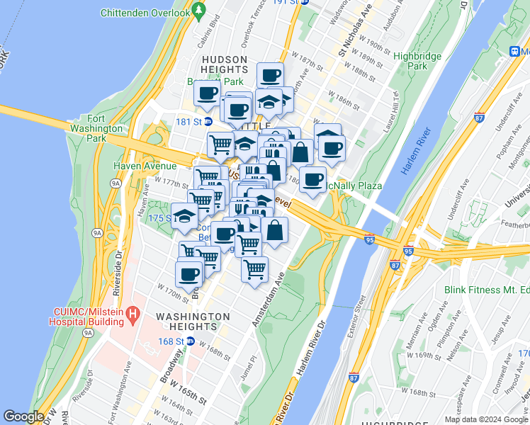 map of restaurants, bars, coffee shops, grocery stores, and more near 585 West 177th Street in New York
