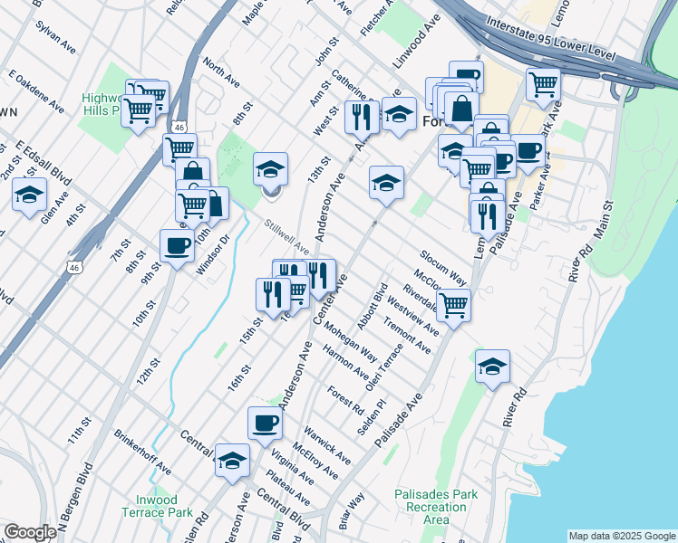 map of restaurants, bars, coffee shops, grocery stores, and more near 310 Westview Avenue in Fort Lee