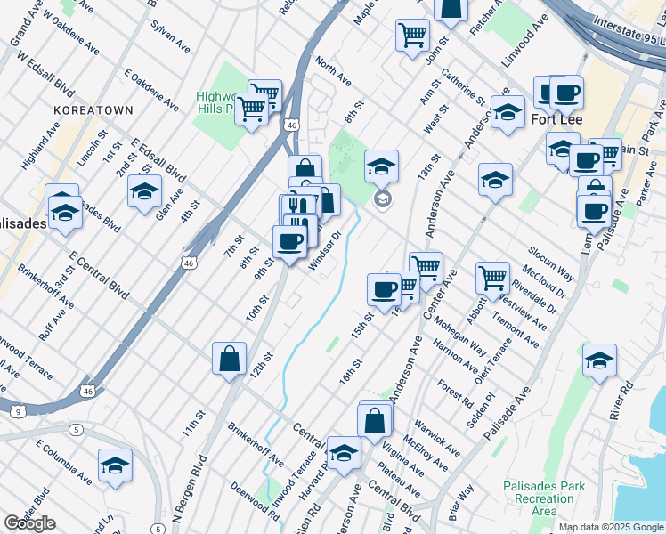 map of restaurants, bars, coffee shops, grocery stores, and more near 546 Windsor Drive in Palisades Park