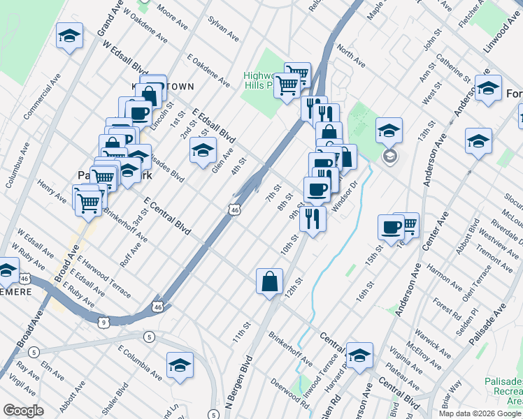 map of restaurants, bars, coffee shops, grocery stores, and more near 421 7th Street in Palisades Park