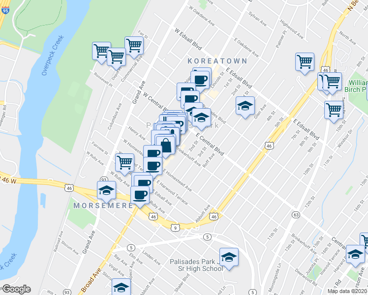 map of restaurants, bars, coffee shops, grocery stores, and more near 14 Brinkerhoff Avenue in Palisades Park