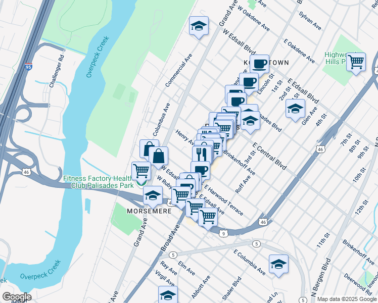 map of restaurants, bars, coffee shops, grocery stores, and more near 39 West Homestead Avenue in Palisades Park