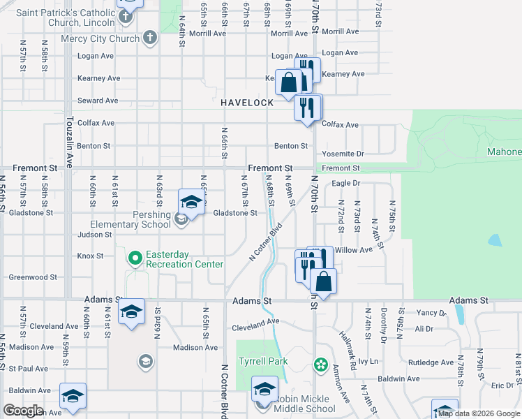 map of restaurants, bars, coffee shops, grocery stores, and more near 3340 North 67th Street in Lincoln
