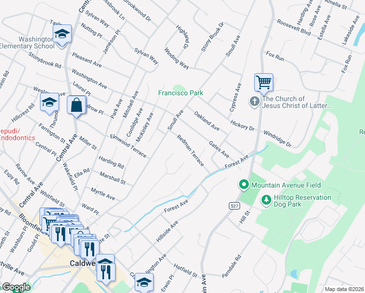 map of restaurants, bars, coffee shops, grocery stores, and more near 20 Redman Terrace in West Caldwell