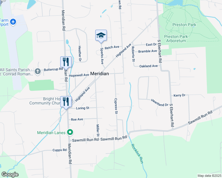 map of restaurants, bars, coffee shops, grocery stores, and more near 4165 Cypress Street in Meridian