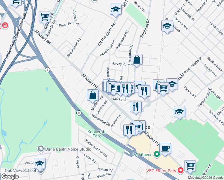 map of restaurants, bars, coffee shops, grocery stores, and more near 23 Merrill Road in Clifton