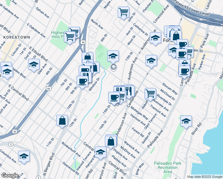 map of restaurants, bars, coffee shops, grocery stores, and more near 551A 14th Street in Palisades Park