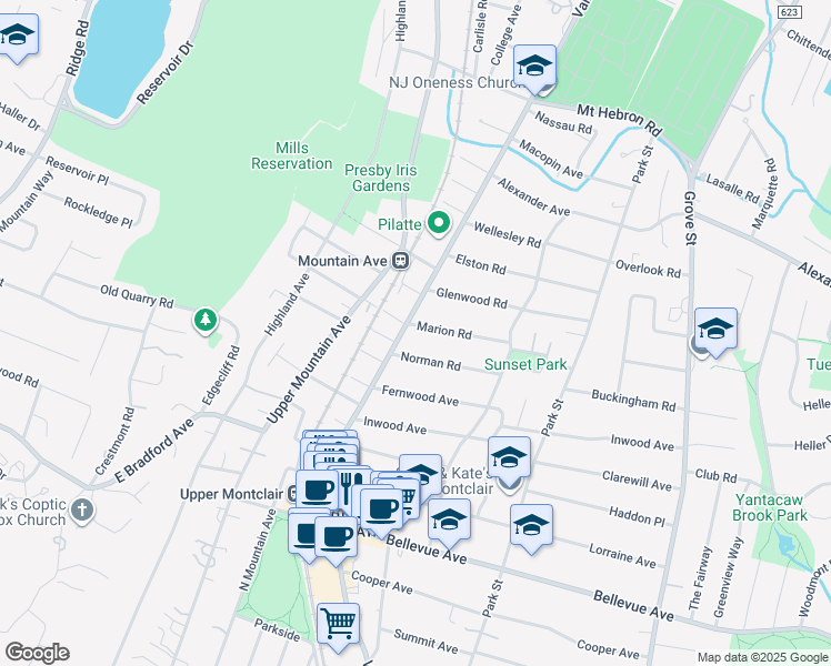 map of restaurants, bars, coffee shops, grocery stores, and more near 38 Marion Road in Montclair