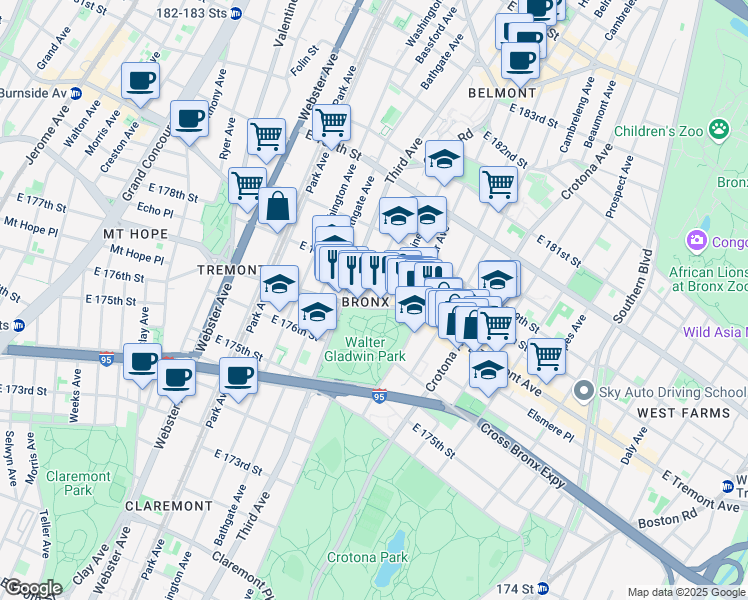 map of restaurants, bars, coffee shops, grocery stores, and more near 563 East Tremont Avenue in Bronx