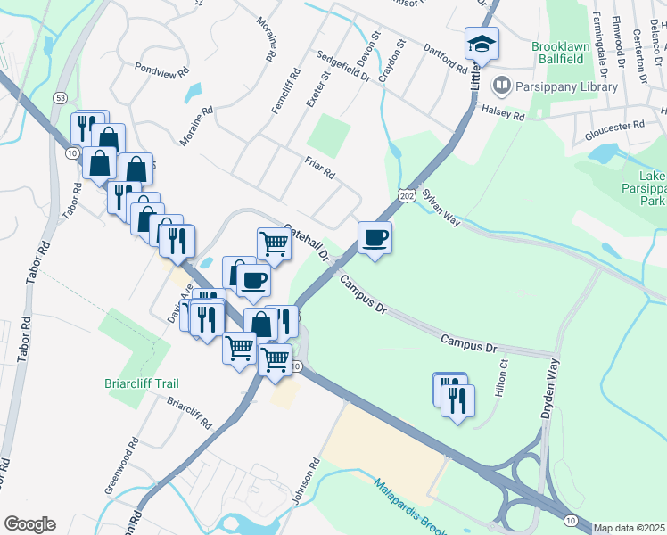 map of restaurants, bars, coffee shops, grocery stores, and more near 2 Gatehall Drive in Parsippany-Troy Hills