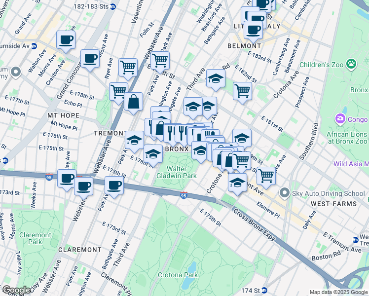 map of restaurants, bars, coffee shops, grocery stores, and more near 563 East Tremont Avenue in Bronx