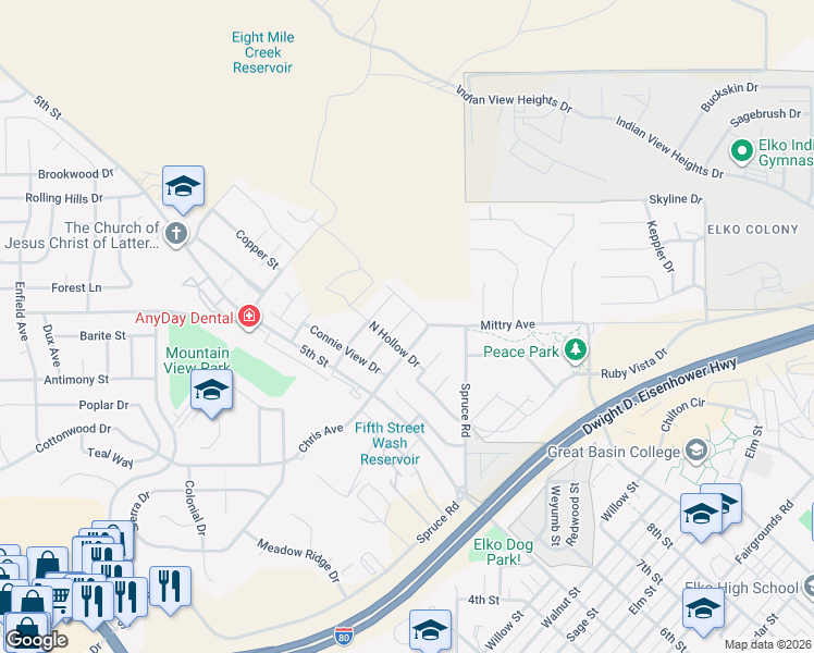 map of restaurants, bars, coffee shops, grocery stores, and more near Cari Way in Elko