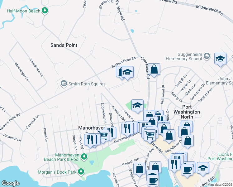 map of restaurants, bars, coffee shops, grocery stores, and more near 12 Morewood Oaks in Port Washington