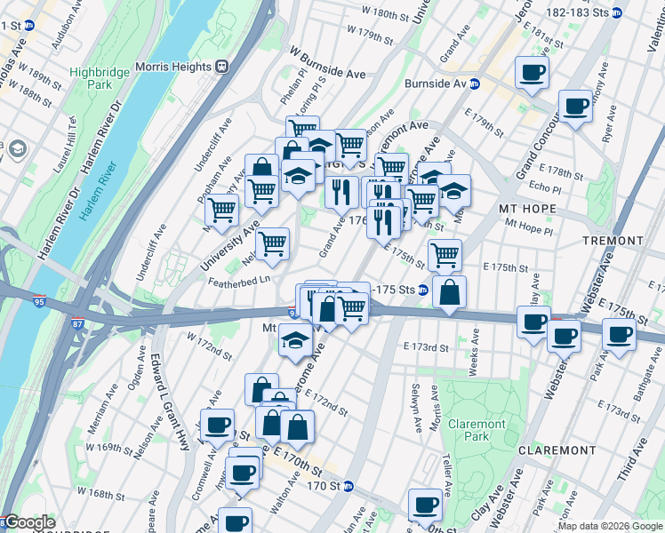 map of restaurants, bars, coffee shops, grocery stores, and more near 1678 Davidson Avenue in The Bronx