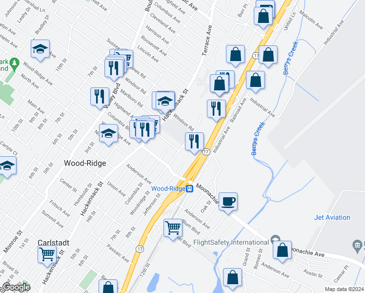 map of restaurants, bars, coffee shops, grocery stores, and more near 1 Way Street in Wood-Ridge