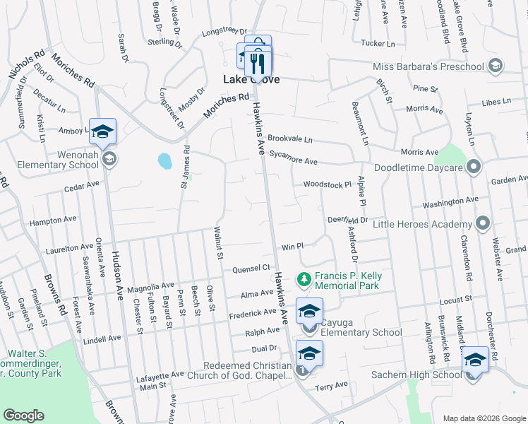 map of restaurants, bars, coffee shops, grocery stores, and more near 924 Hawkins Avenue in Lake Grove