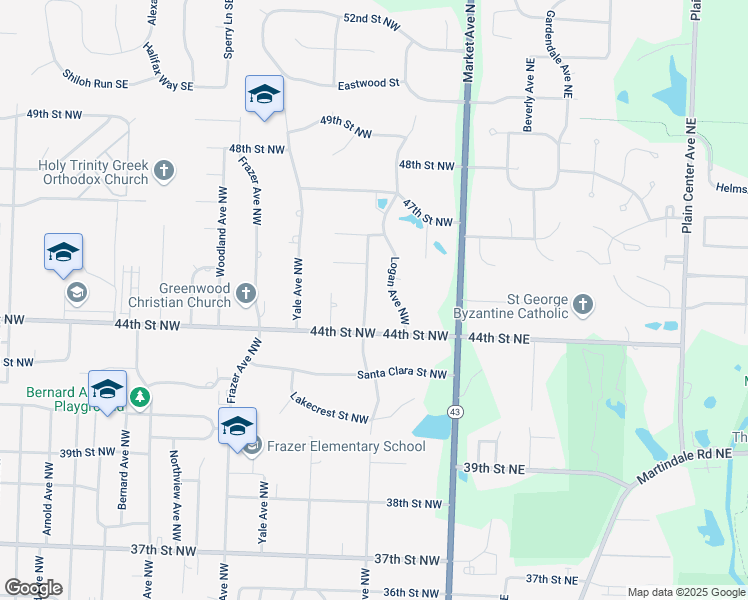 map of restaurants, bars, coffee shops, grocery stores, and more near 4426 Greenmeadow Avenue Northwest in Canton