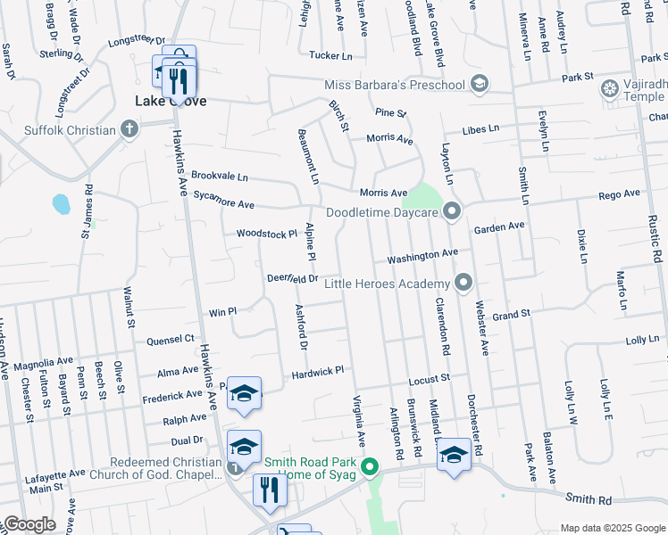 map of restaurants, bars, coffee shops, grocery stores, and more near 104 Virginia Avenue in Lake Grove