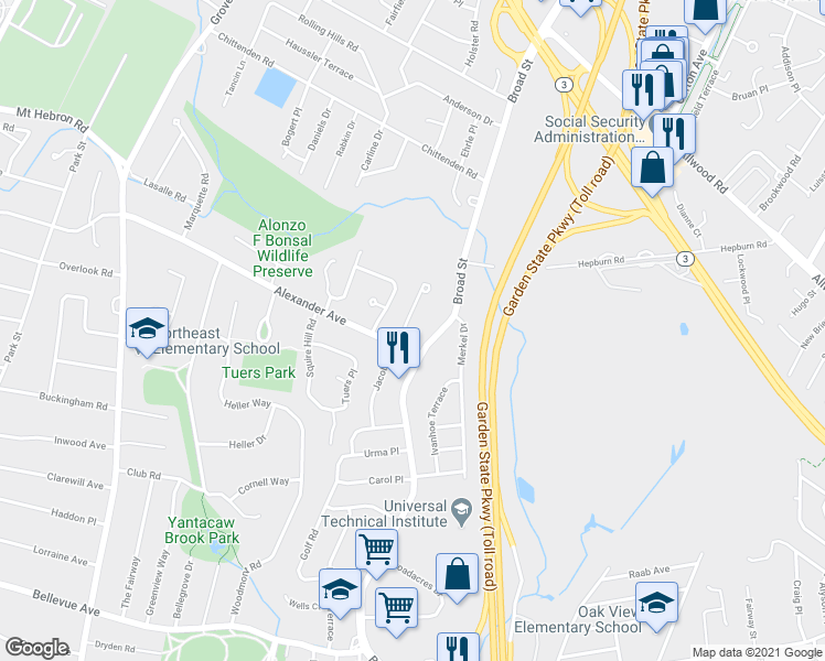 map of restaurants, bars, coffee shops, grocery stores, and more near 1676 Broad Street in Bloomfield