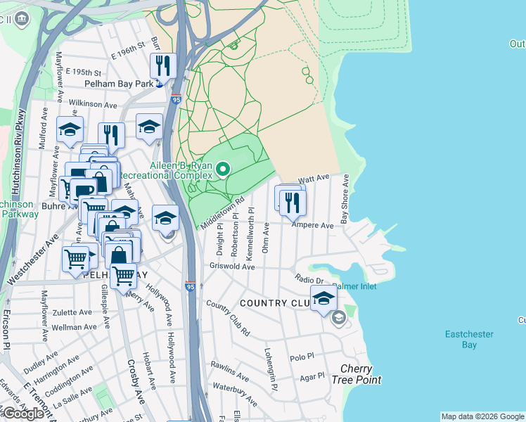 map of restaurants, bars, coffee shops, grocery stores, and more near 3201 Ampere Avenue in Bronx