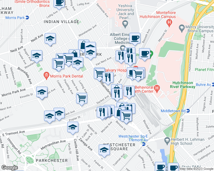 map of restaurants, bars, coffee shops, grocery stores, and more near 1562 Williamsbridge Road in The Bronx