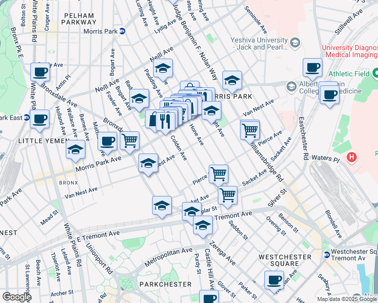 map of restaurants, bars, coffee shops, grocery stores, and more near 1647 Paulding Avenue in Bronx