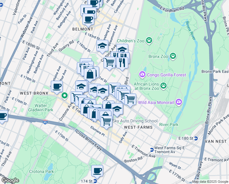 map of restaurants, bars, coffee shops, grocery stores, and more near in The Bronx