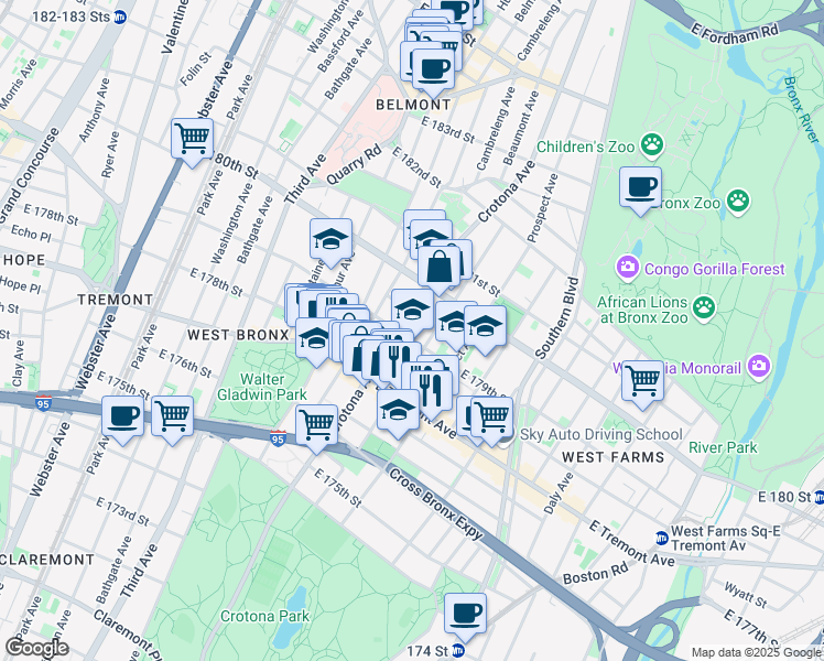 map of restaurants, bars, coffee shops, grocery stores, and more near in The Bronx