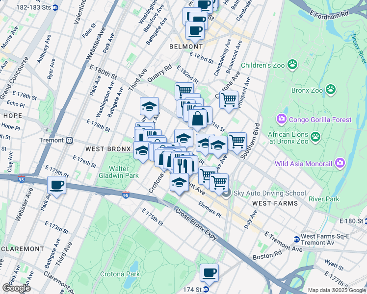 map of restaurants, bars, coffee shops, grocery stores, and more near in The Bronx