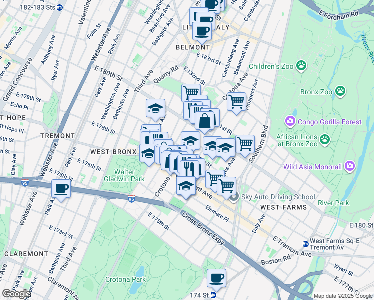 map of restaurants, bars, coffee shops, grocery stores, and more near in The Bronx