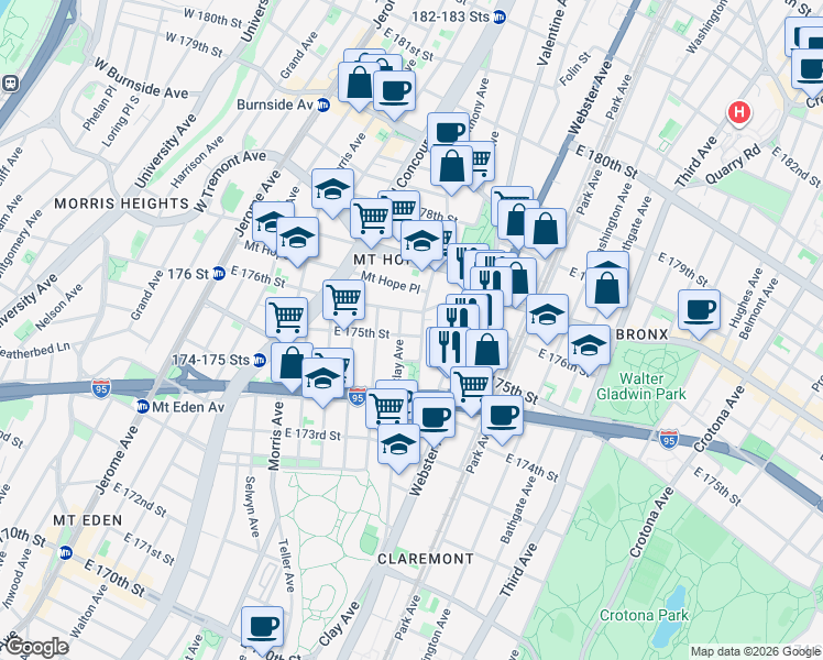 map of restaurants, bars, coffee shops, grocery stores, and more near 1806 Anthony Avenue in The Bronx