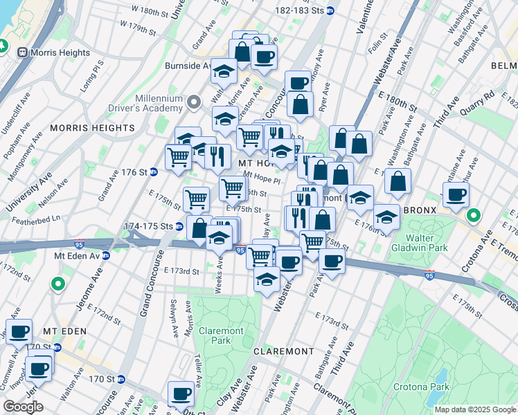 map of restaurants, bars, coffee shops, grocery stores, and more near in The Bronx
