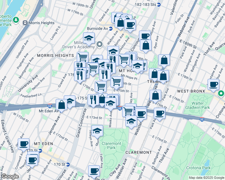map of restaurants, bars, coffee shops, grocery stores, and more near 1780 Eastburn Avenue in Bronx