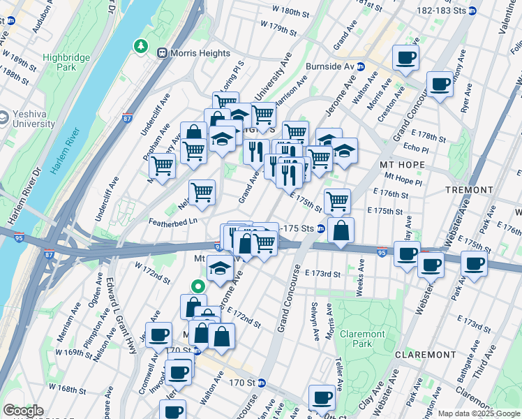 map of restaurants, bars, coffee shops, grocery stores, and more near 1678 Davidson Avenue in The Bronx