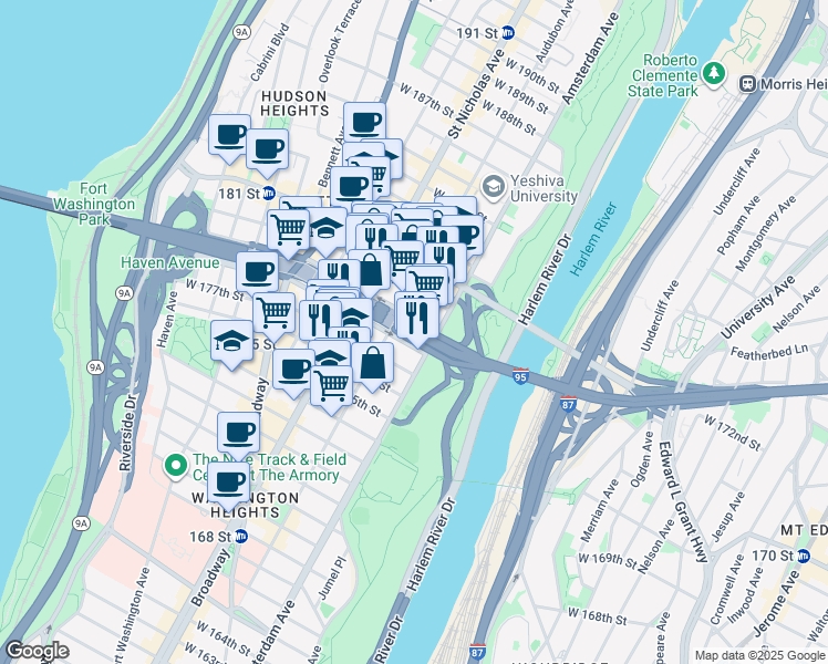 map of restaurants, bars, coffee shops, grocery stores, and more near 534W West 178th Street in New York