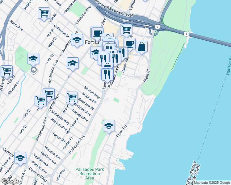 map of restaurants, bars, coffee shops, grocery stores, and more near 1512 Palisade Avenue in Fort Lee