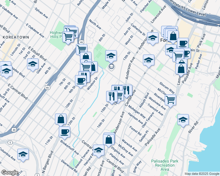 map of restaurants, bars, coffee shops, grocery stores, and more near 551A 14th Street in Palisades Park